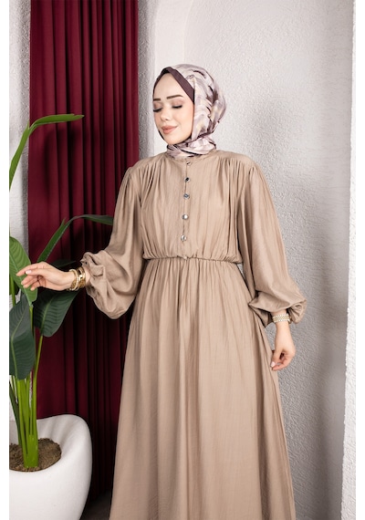 Hira Life Fashion Kadın Çilek Kumaş Ve Önü Düğmeli Eteği Fırfırlı Hakim Yaka Elbise Bej Bej
