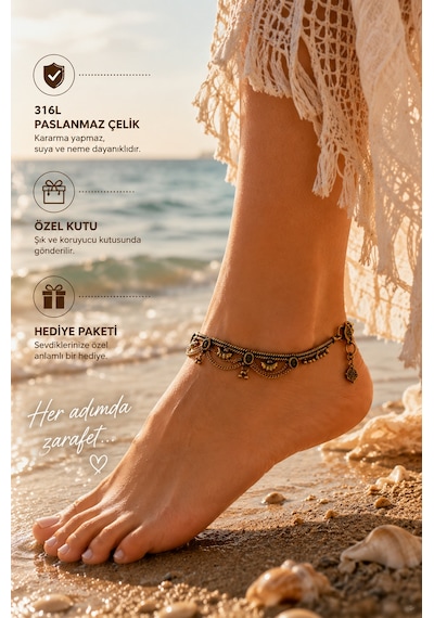 Vintage Zincir Detaylı Kadın Halhal Antik Gold Etnik Ayak Bilekliği Çok Renkli