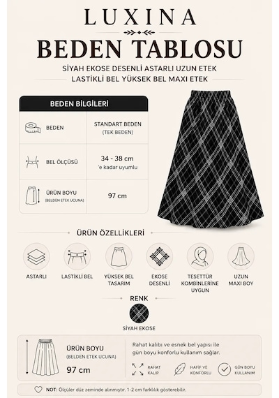 Siyah Ekose Desenli Astarlı Uzun Etek Lastikli Bel Yüksek Bel Maxi Etek