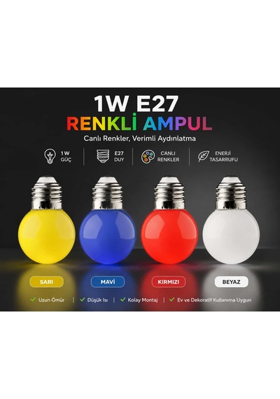 1 Watt 4 Adet 4 Renk E27 Duy Renkli Gece Ampulü, Loş Işık Sevenler İçin Ağaç Feneri Ampulü - 4 Renk