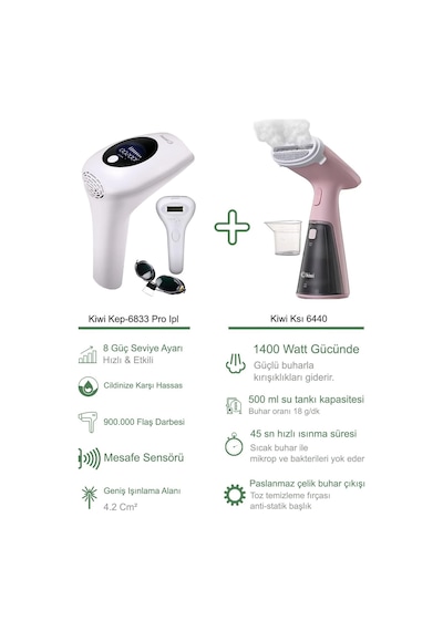 Kiwi Kep-6833 Pro Ipl Lazer Epilasyon + Kiwi Ksı 6440 Buharlı Dikey Ütü Pembe Kiwi Kep-6833 Pro Ipl Lazer Epilasyon + Kiwi Ksı 6440 Buharlı Dikey Ütü Pembe
