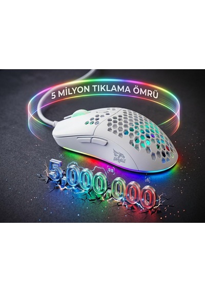 Kablolu Rgb Gaming Mouse, 12800 Dpı, 69g Ultra Hafif, Petek Gövde, 5 Milyon Tıklama Ömürlü, Instant 825 Optik Sensör, Örgü Kablolu Oyuncu Mouse Mo-19 Beyaz