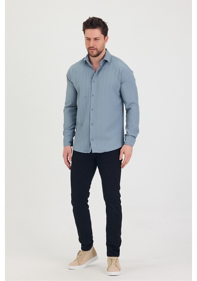 Tarz Cool Erkek Kendinden Çizgi Detaylı Slim Fit Dar Kalıp Uzun Kol Gömlek Mavi Tarz Cool Erkek Kendinden Çizgi Detaylı Slim Fit Dar Kalıp Uzun Kol Gömlek Mavi