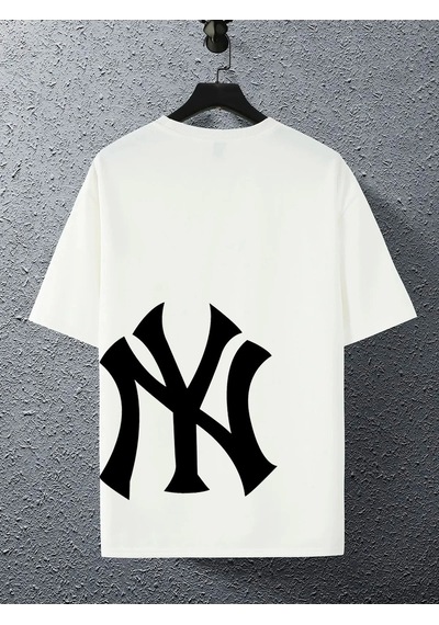 Adrift Unisex Yankees Özel Baskılı Oversize Penye Bisiklet Yaka T-shirt Beyaz