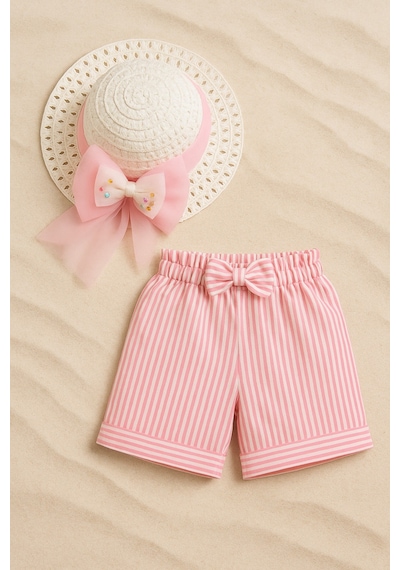 Esila Kids Kız Çocuk Hasır Şapka Ve Şort Takımı Yazlık Şık Kombin 2-6 Yaş Pembe