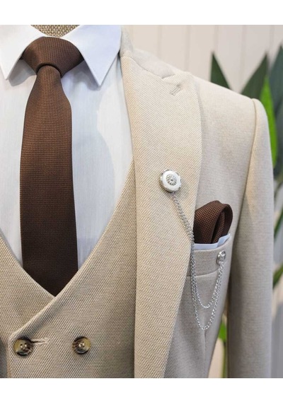 Beystil Sivri Yaka Krem Takım Elbise Elanor- Slim Fit Ekru