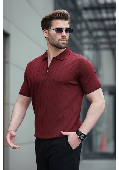 Madmext Madmext Bordo Polo Yaka Fermuarlı Erkek T-shirt E7298 Bordo