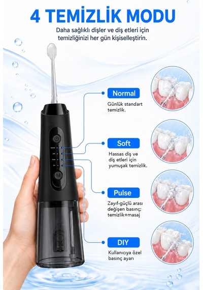 Şarjlı Ağız Duşu - 320ml Su Hazneli 5 Başlık 4 Çalışma Modlu Su Geçirmez Ağız Diş Dil Temizleyici Siyah