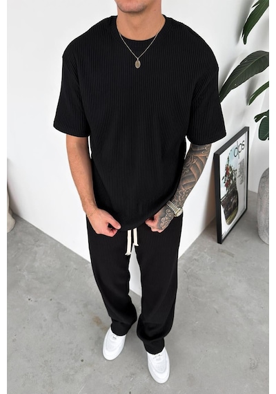 Siyah Ottoman Kumaş Oversize Tişört