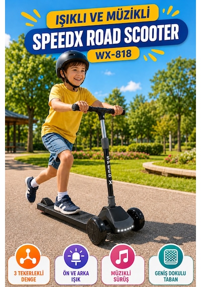 Antrasit Işıklı Müzikli Speedx Road Scooter Wx-818 3 Tekerlekli Çocuk Scooterı Geniş Dokulu Taban