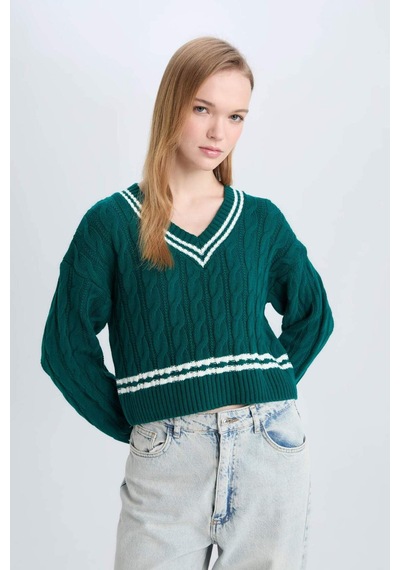 DeFacto 	Coool Regular Fit V Yaka Saç Örgülü Çizgili Triko Kazak C7321AX24WNGN953