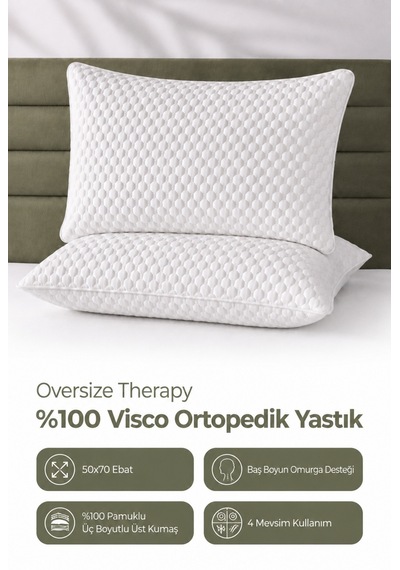 Oversize Therapy %100 Visco Ortopedik Visko Yastık 50x70x20 - Baş Boyun Desteği 1 Adet Beyaz
