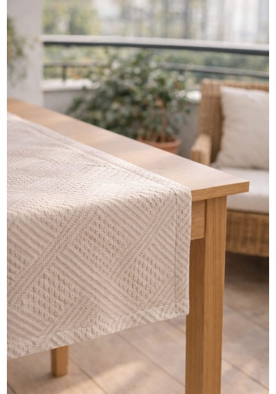Pamuklı Runner Bohem Tarz Düz Krem Dokulu Kabartmalı Runner 40x110 Ebat krem