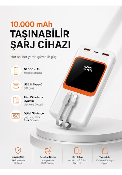 10.000 Mah Bataryalı, Dijital Göstergeli Taşınabilir Powerbank Diğer 13359092