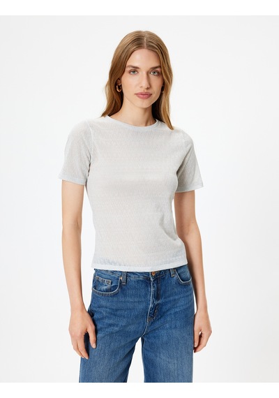 Koton Dokulu Kısa Kollu Tişört Bisiklet Yaka Slim Fit Gümüş 5wak50016uk Gümüş