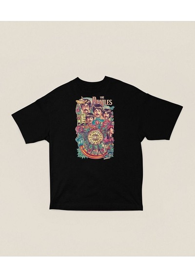 Lonely Hearts The Beatles Baskılı Unisex Oversize Tişört Siyah