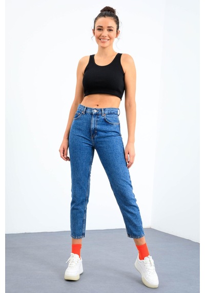 Tommy Life Lacivert Basic Sıfır Kol Dar Kalıp U Yaka Kadın Crop Top Atlet - 97160 Lacivert