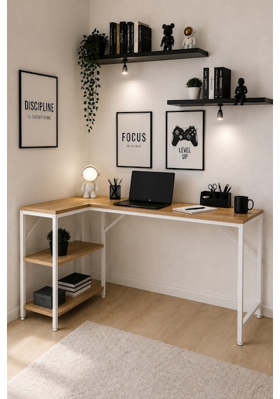Çam/beyaz L Masa, Kitaplıklı, Raflı, 120 Cm Çalışma Masası, Bilgisayar, Pc, Oyuncu, Gaming Masası Metal Ayaklı Kahverengi