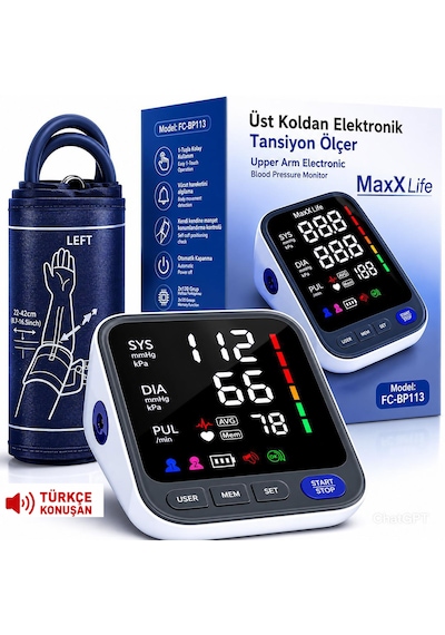 Maxx Life Üst Koldan Dijital Tansiyon Aleti Türkçe Konuşan Büyük Ekran Hafızalı Fc-bp113k