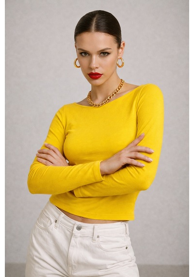 Wild Bee Kadın Sarı Kayık Yaka Uzun Kollu Bluz