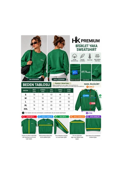Hk Premium Sweatshirt Bisiklet Yaka Hk Premium Logolu Erkek Basic Yeşil
