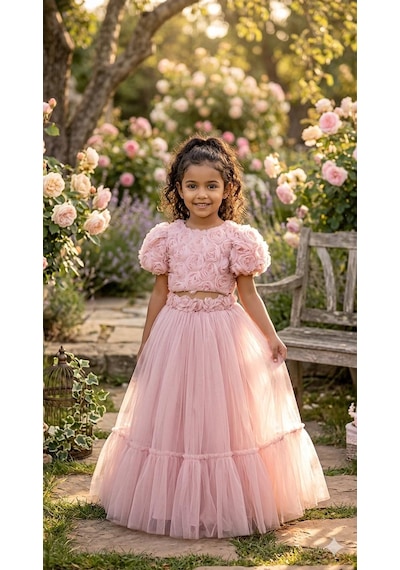 Star Kids Fashion Kız Çoçuk Pembe Güllü Detaylı Crop Elbise,kız Çoçuk Abiye Elbise