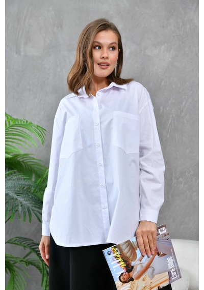 Kadın Beyaz Cep Detay Oversize Uzun Poplin Gömlek 001