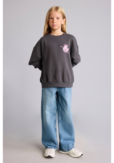 Defacto Relax Fıt Bisiklet Yaka Floral Sweatshirt Kız Çocuk I4172a826auar150 Antrasit-ar150