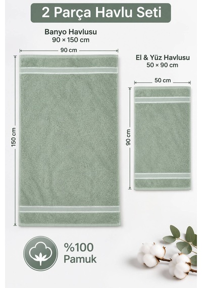 2 Parça Kadın/erkek Banyo Duş Hamam Havlu Seti 90x150 Cm Açık Yeşil