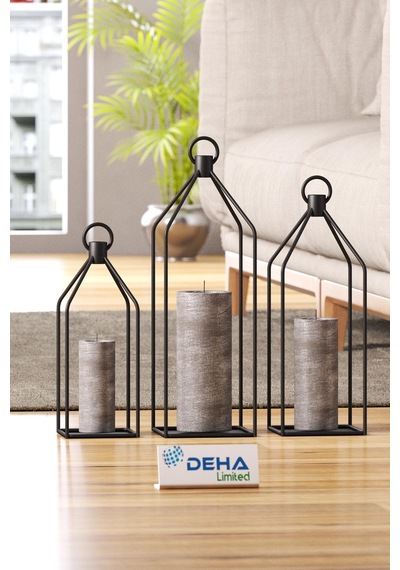 Metal Kafes 3 Lü Set Mumluk Fener Dekoratif Mumluk Ferforje Şamdan Siyah