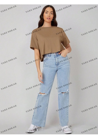 Flood Of Style Crop Ckod-232913 Pamuk Damla Omuz Düz Kısa Kahverengi