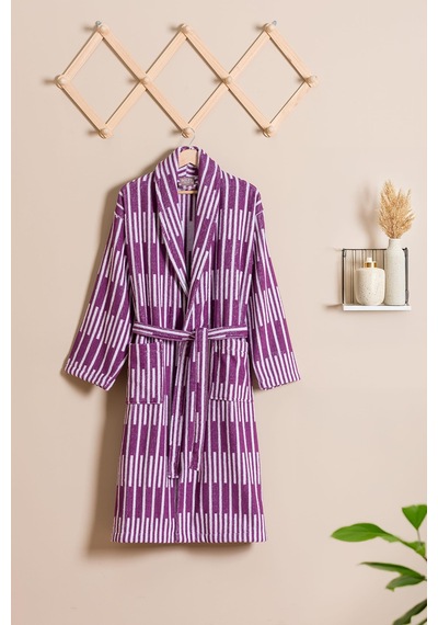 Piano %100 Pamuk Jakarlı Unisex Bay-bayan Bornoz Lila