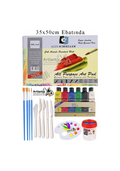 Alex Schoeller Çok Amaçlı Sanatsal Blok 35x50 200 Gr 15 Yaprak Artdeco 75 Ml Akrilik Boya 6 Renk Plastik Spatula Fırça