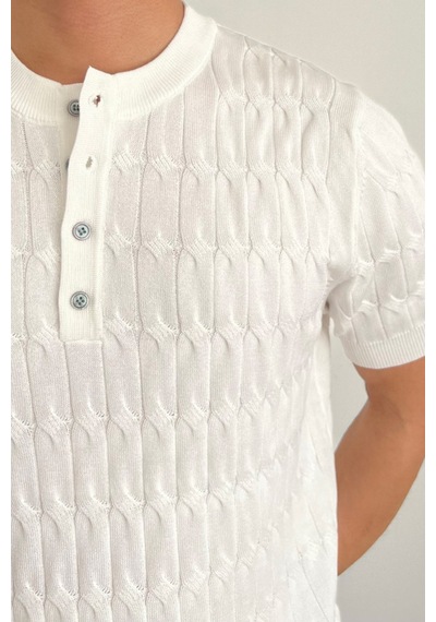 Tarz Cool Erkek Hakim Yaka Düğmeli Slim Fit Triko T-shirt Beyaz