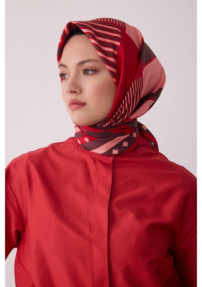 Belli Geometrik Desen %100 Twill İpek Eşarp Be01 Kırmızı
