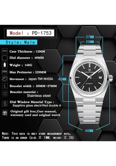 Pagani Design Pd-1753 Prx Powermatic 38mm 100m Su Geçirmez Japon Nh35 Otomatik Mekanik Saat Safir Çelik Saat Siyah