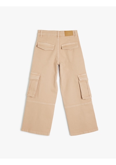 Koton Kargo Cepli Düğme Detaylı Pamuklu Denim Pantolon Bej 5skg40092ad Ekru