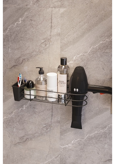 Suntel Yapışkanlı Fön Makinesi Hazneli Banyo Düzenleyici Banyo Organizer Siyah