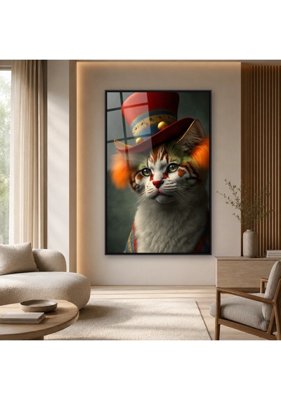 Şapkalı Kedi Portresi Siyah Çerçeveli Cam Tablo