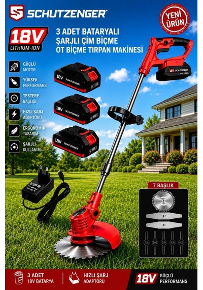 Schutzenger 87VR Şarjlı Çim Ot Biçme Makine 3 Bataryalı 7 Başlıklı Tırpan C8 Kalite Bakır Kırmızı