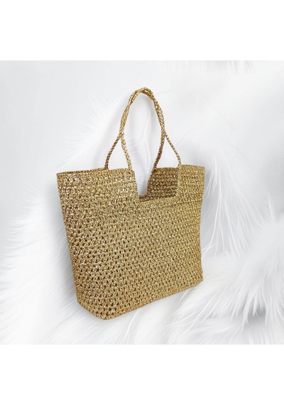 Embahandmade Metalik Altın El Örgüsü Plaj Çantası Şık Yazlık Omuz Tote Bag Gold