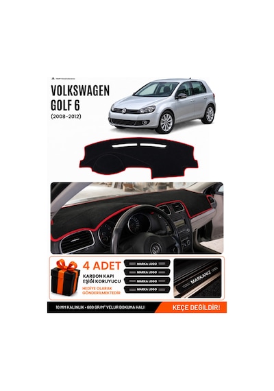 Volkswagen Golf 6 2008-2012 Uyumlu Torpido Örtüsü, Torpido Kılıfı - Siyah Kırmızı