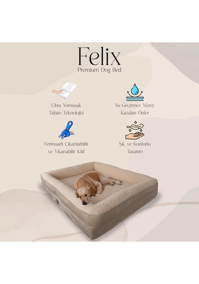 Felix Köpek Yatağı Bej Orta 75x95 Cm, Visco Sünger,%100 Su Geçirmez Alez, Çıkarılabilir Yıkanabilir Kılıf, Ka