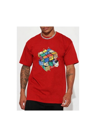 Kübik İllüstrasyon Tasarım Baskılı Kompact T-shirt Kırmızı