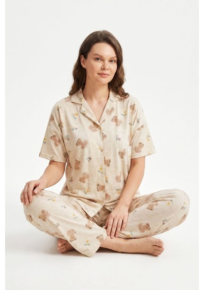 Hepsine Rakip Kadın Düğmeli Kısa Kollu Uzun Alt Pijama Takımı Ayıcık Desenli 7515 Ekru