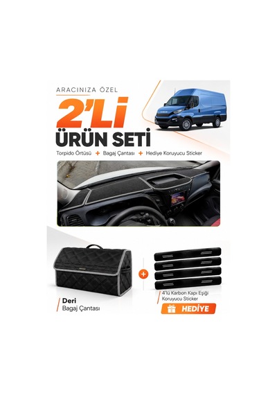 Iveco Daıly 2015-2021 Uyumlu Torpido Örtüsü + Deri Bagaj Çantası + Sticker Seti - Siyah Gri