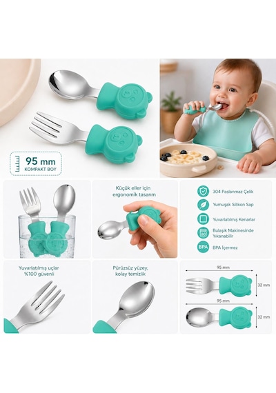 Valkyrie 304 Çelik Panda Bebek Kaşık Çatal Setisilikon Saplı Bpa İçermez Ergonomik Kaymaz Yeşil
