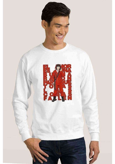 La Case De Papel El Amor Baskılı Beyaz Erkek Örme Sweatshirt
