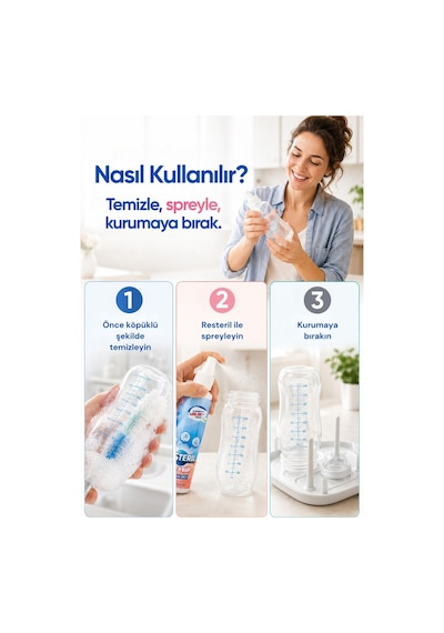 Resteril Biberon Temizleyici Alkolsüz Durulanmayan Saf Hipokloröz Biberon Sterilizatör Emzik Süt Pompası Hijyen Spreyi Bebek Dezenfektan Sprey Baby Kids 200 ML