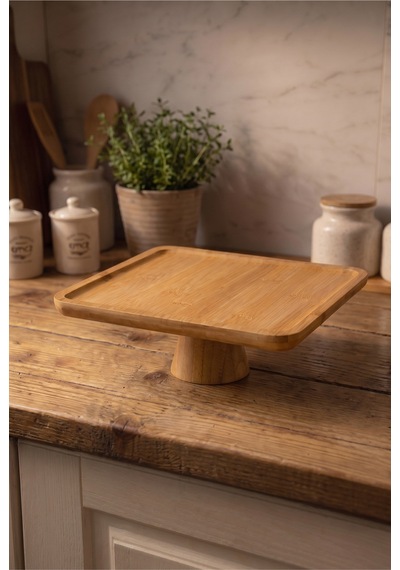 Ayaklı Kare Bambu Sunumluk 28x28 Cm Dekoratif Sunum Standı Pasta Standı Kahvaltılık Meyvelik Servis Tabağı Bej Bej